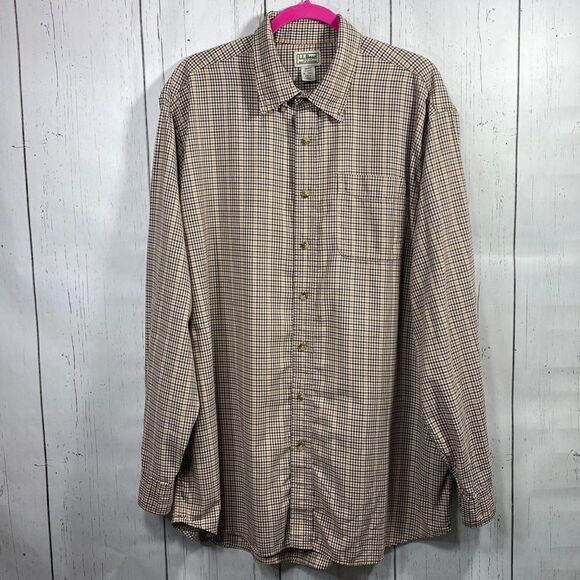 LL Bean Button Up Shirt Men XL Tall Brown Plaid Long Sleeve - Picture 1 of 16